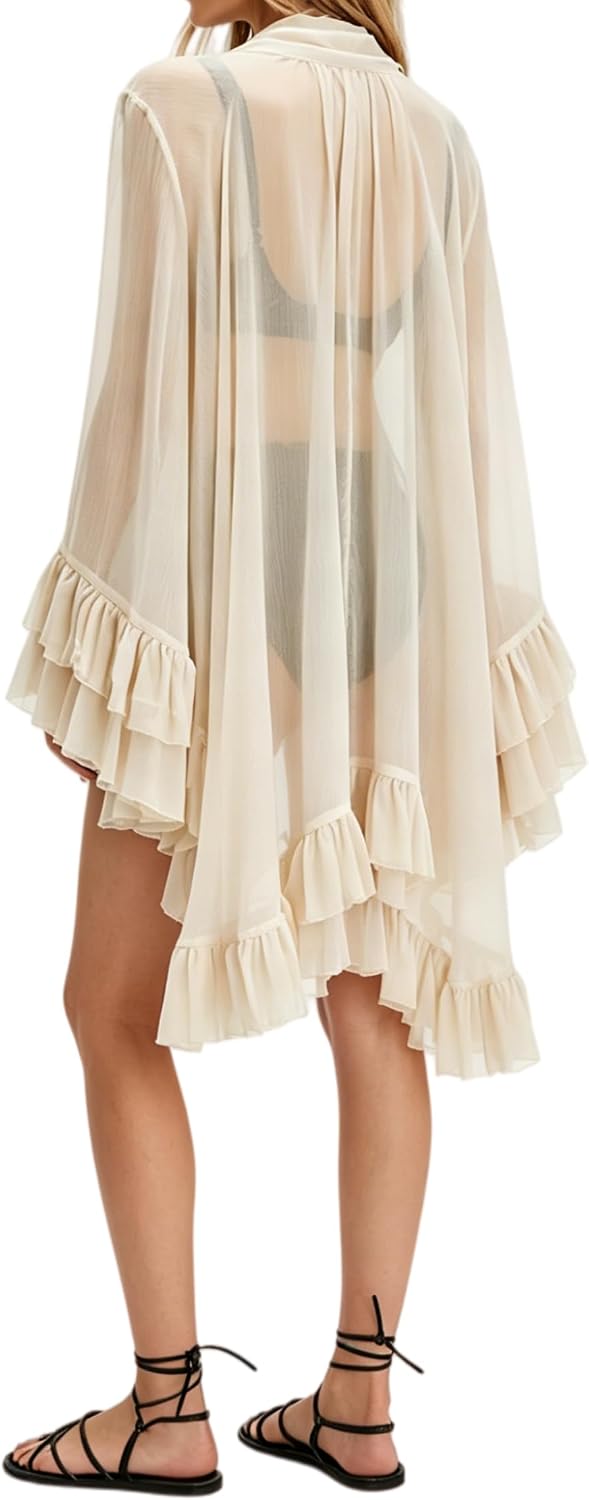 Seyumixi Women Long Bell Sleeve Flowy Top Sheer Mesh Blouse | Cape Chiffon Blouses High Low Hem Sexy Ruffled Tops See Through Poncho Shawl Shirt Bowtie Tunic Asymmetrical Coverup