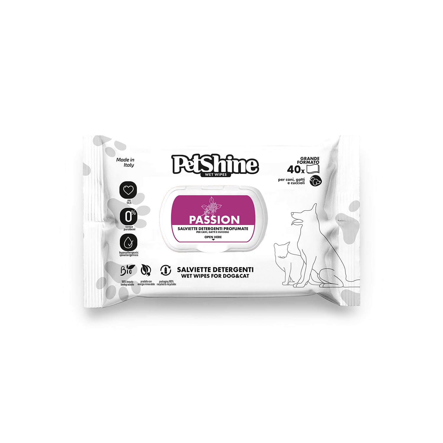 PORRINI - Toallitas Higiene para Perro y Gato, Pasión, 40 Unidades, Limpieza Suave y Eficaz, Elimina Olores y Refresca el Pelaje de Mascotas