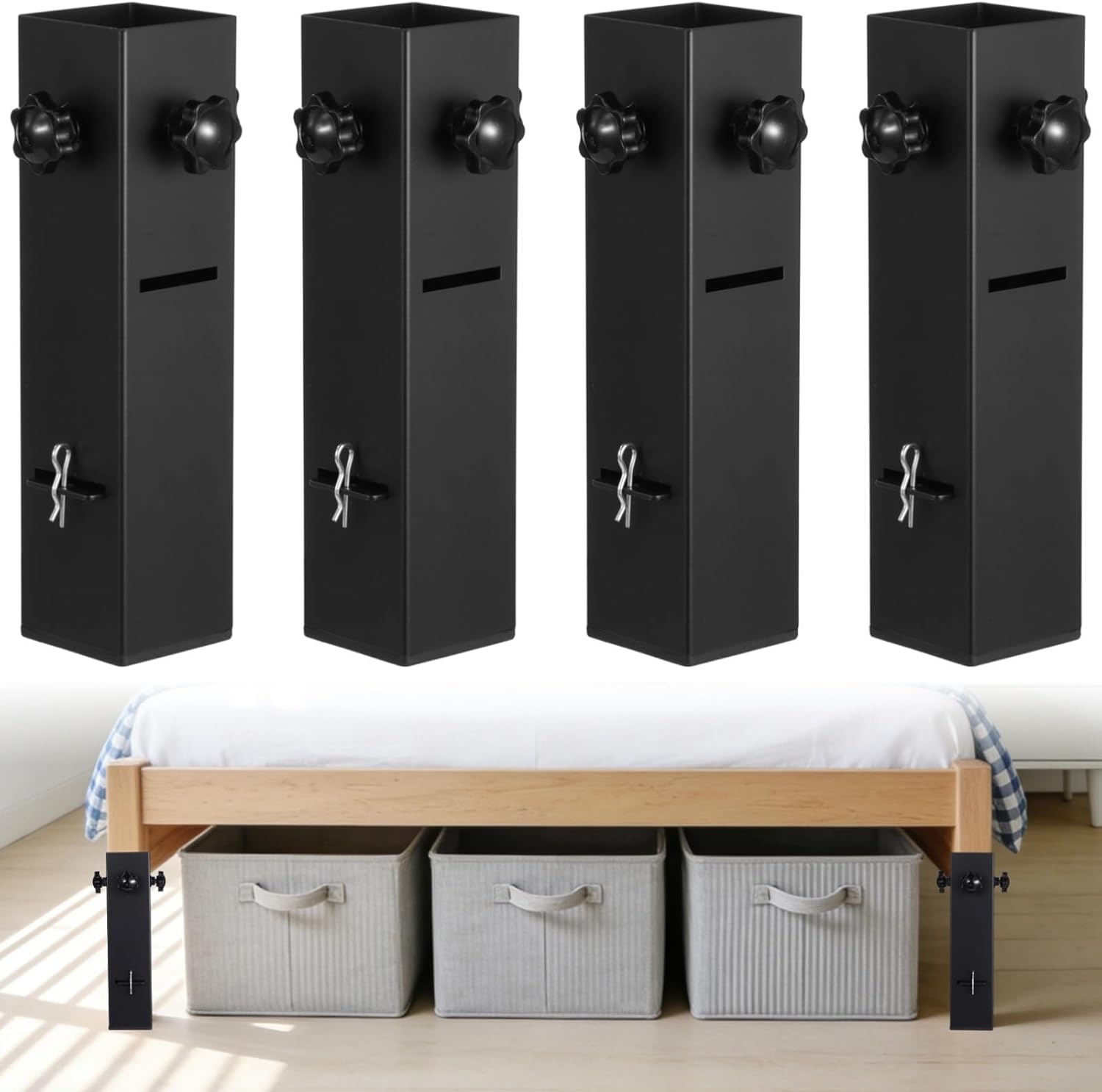 Adjustable Bed Risers, 4 Pcs Metal, Heavy Duty, Carbon Steel, Fits Multiple Furniture Legs, for Dorm, Bed, Table & Couch