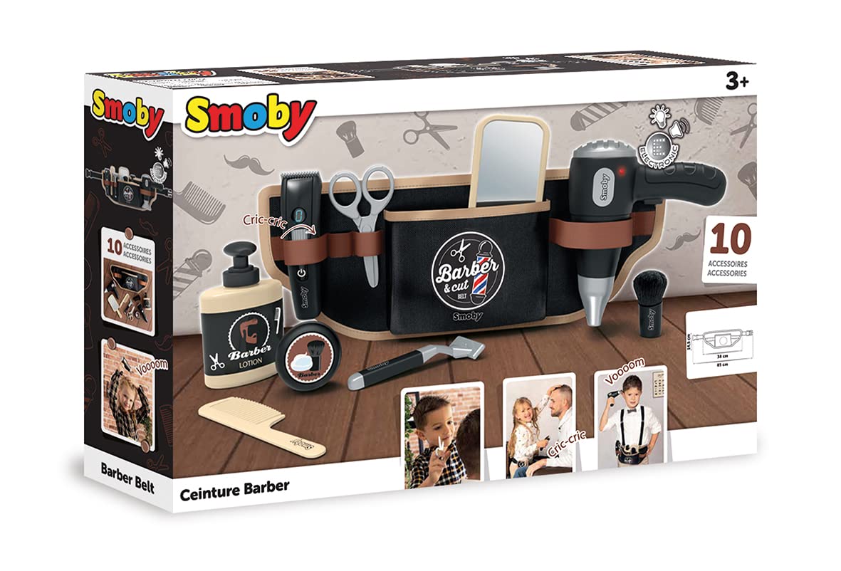 Smoby - Barber & Cut - Ceinture - Jouet d'Imitation Barbier - Tondeuse Mécanique, Paire de Ciseaux, Sèche-Cheveux Electronique - 10 Accessoires - A Partir de 3 Ans
