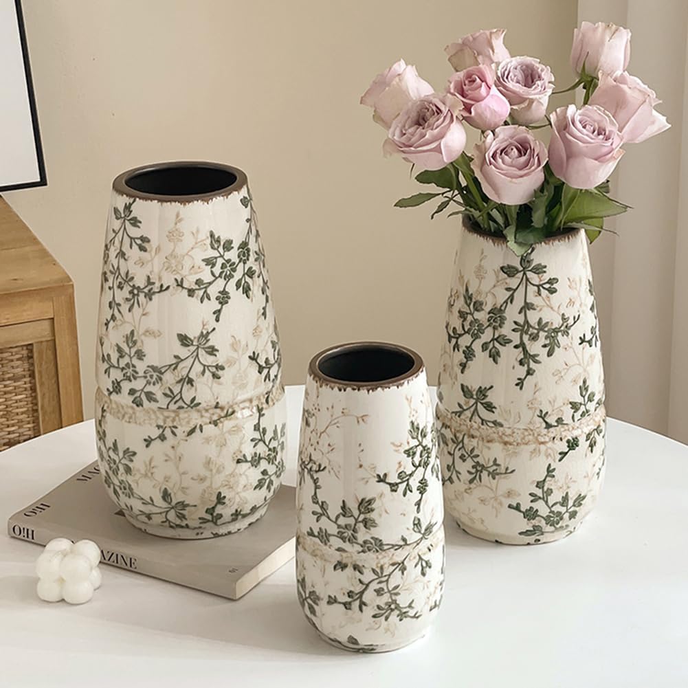 Ceramic Vintage Green Floral Vase,Retro Ice Cracked Flower Vase Chinoiserie Vases for Home Decor, Living Room,Office,Chinoiserie Decor,J1