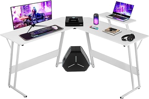 Escritorio para juegos en forma de L, escritorio de esquina para computadora con soporte elevador para monitor, escritorio de oficina en casa para
