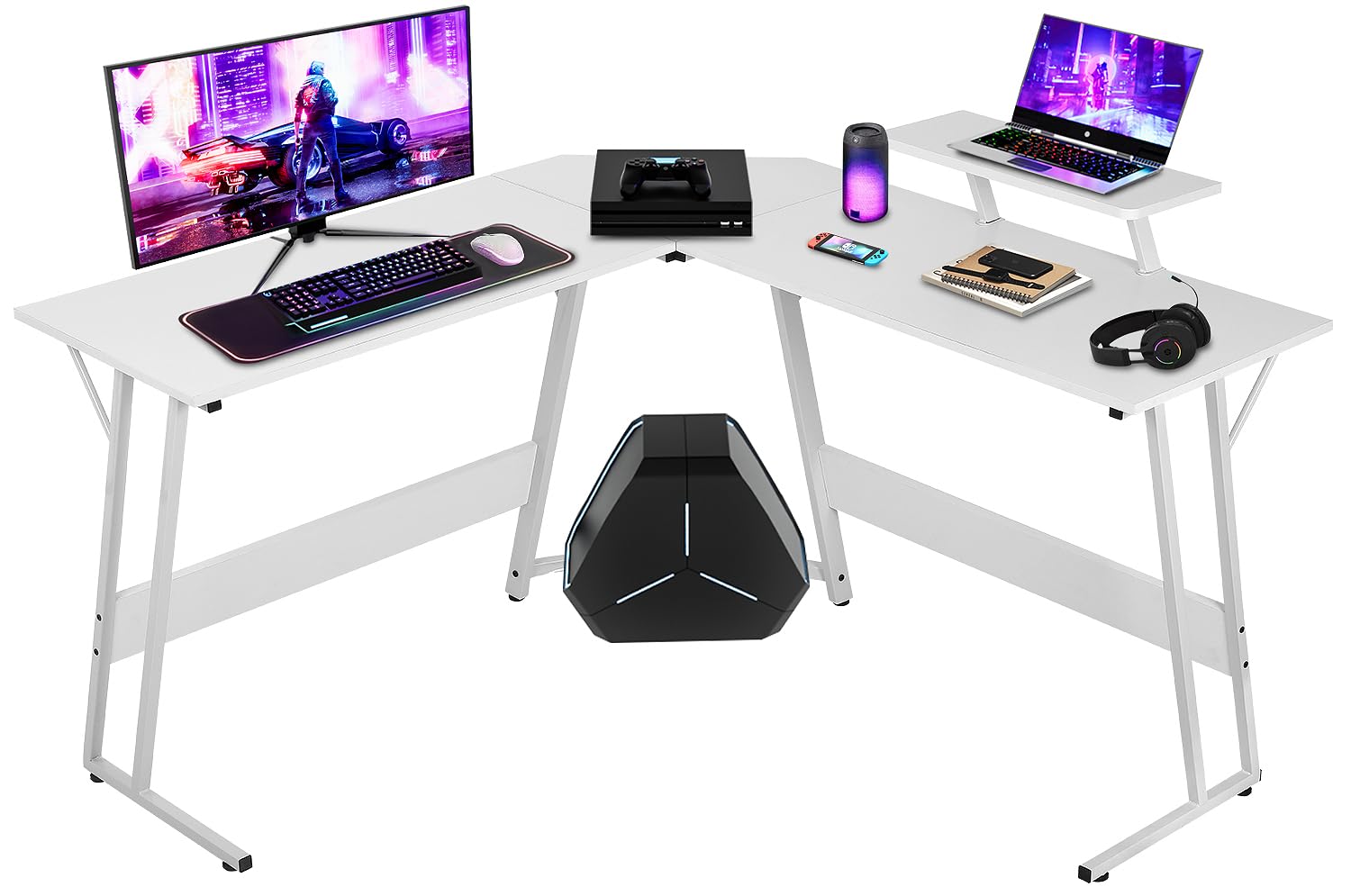 NChanmar L Shaped Gaming Desk with Monitor Riser Stand, Home Office Corner Desk for Studying, Working and Gaming, Large Desktop, White