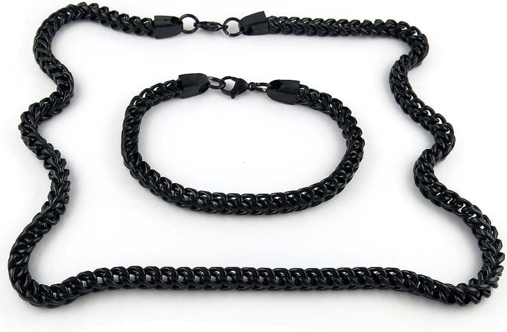 Mens Franco Chain Square Curb Chain Necklace Stainless Steel 24 Inch (Black)