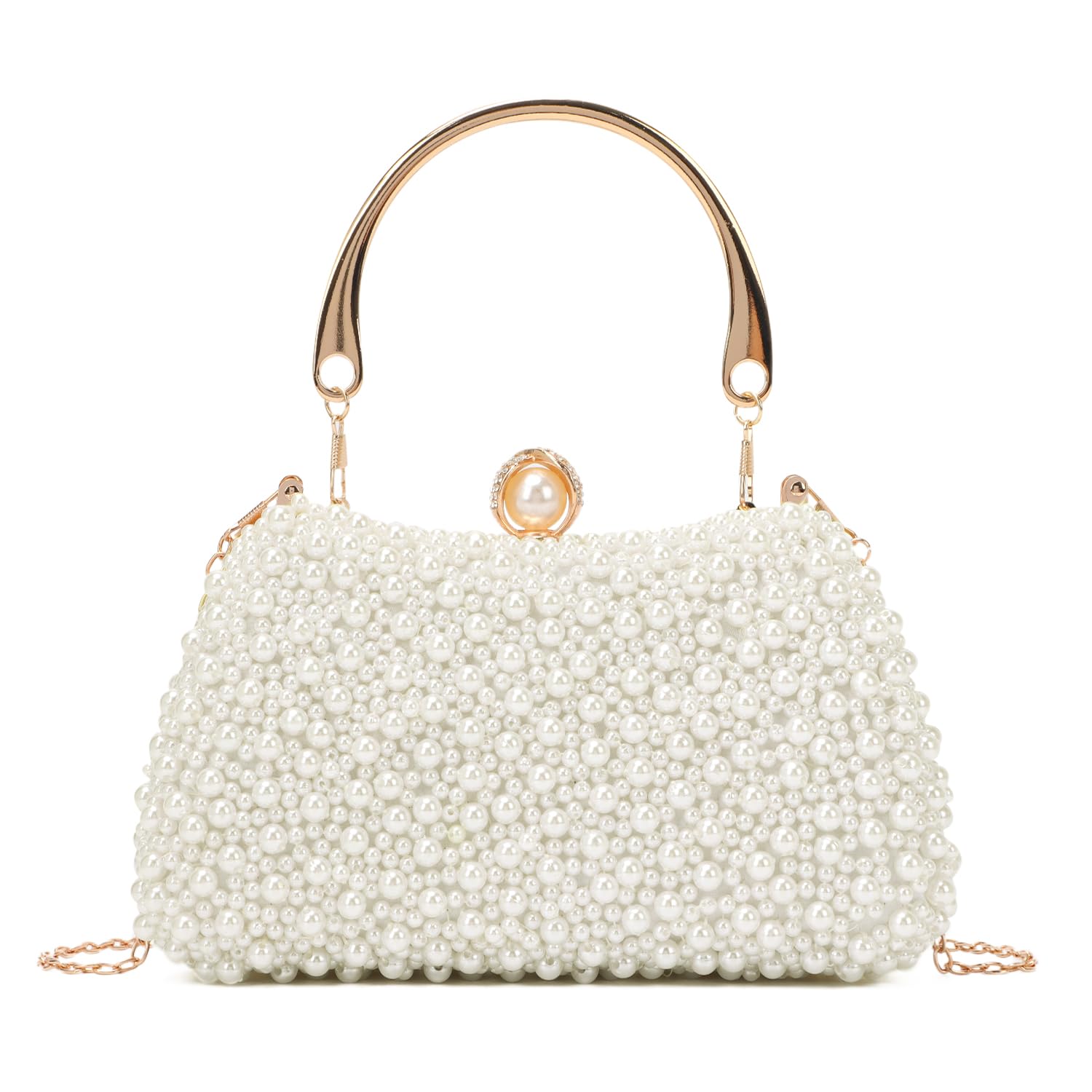 EVEOUT Pochette en Perles pour Femme élégant Clutch de Soirée avec Chaîne Sac à main de Perles pour Mariée Sac bandoulière pour Mariage Fête(Beige)
