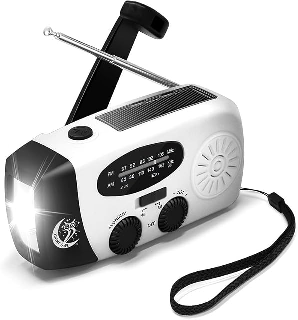 NEW Night Owl 'Stars' Eco-friendly Wind-up & Solar Powered Portable AM/FM Radio with Built-in LED Torch - Ideal for Walking, Hiking, Camping and Home Office/Kitchen/Bedroom use - White