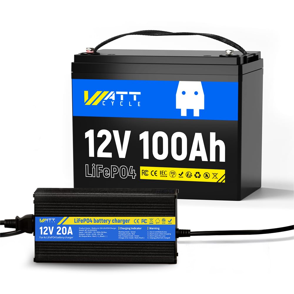 WattCycle 12V 100Ah LiFePO4 Battery, BCI Group 24 with 20A Charger