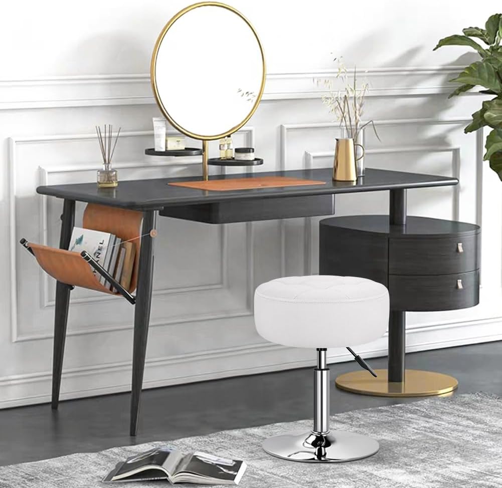 Velvet Upholstered Vanity Stool Swivel Adjustable Makeup Stool for Makeup Room Small Round Ottoman for Living Room Makeup Chair for Bedroom SPA Salon Studio (White)