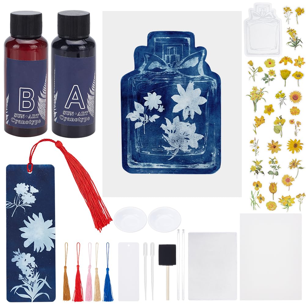 WEBEEDY Kit di 30 fogli di carta cianotipo con fiori cianotipi ad alta sensibilità, formato A5, kit completo con nappa, segnalibro, carta da disegno ad attivazione solare, per adulti, progetti fai da