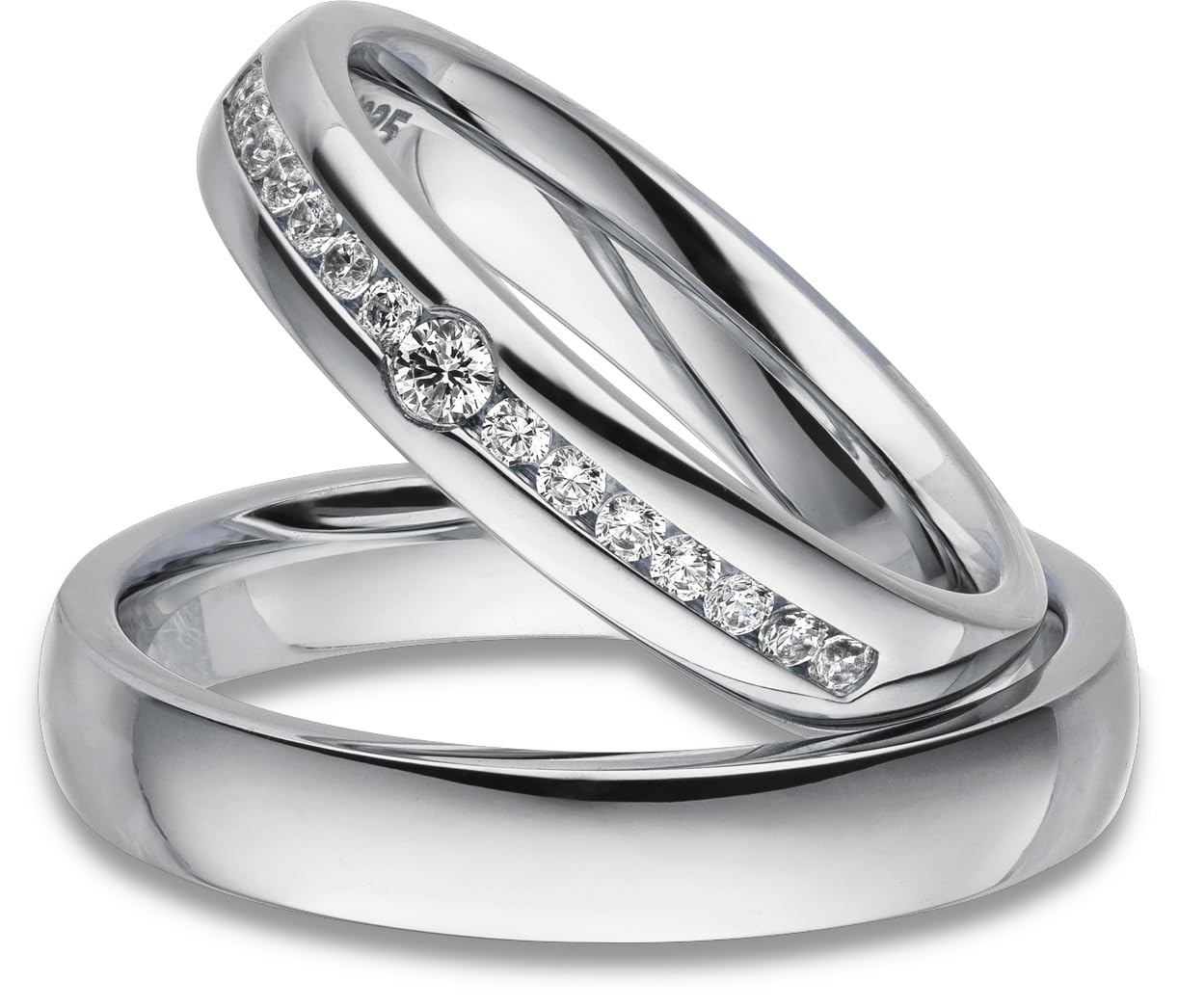 Kolibri Rings 925 Sterling Silber Massiv, Rhodiniert | Freundschaftsringe Paarpreis mit 15 Zirkonia Steine in Kanalfassung | Trauringe Eheringe Partnerringe | Made in Germany | Gratis & Gravur