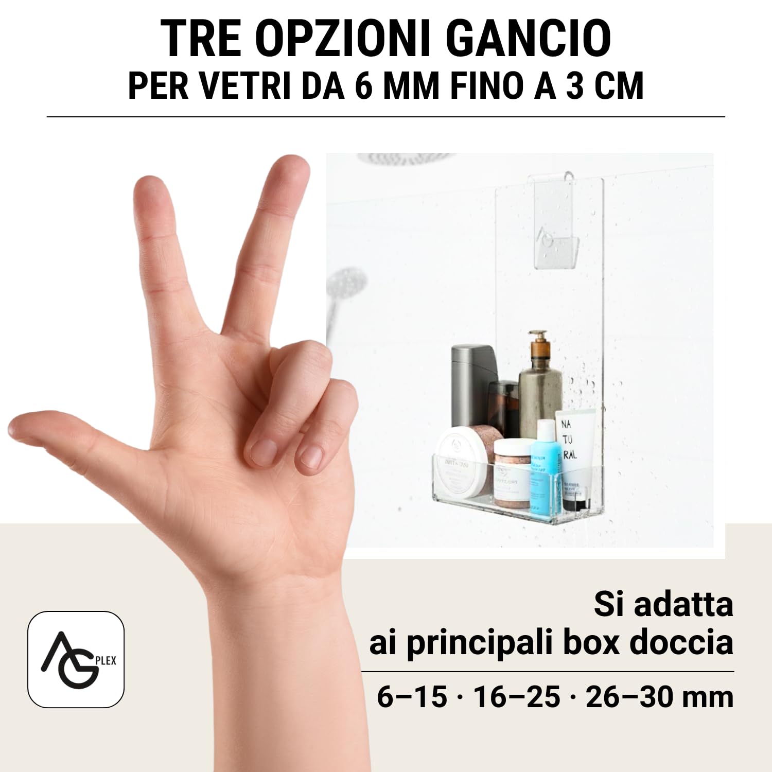 AGPLEX Porta Shampoo Doccia da Appendere in vetro acrilico plexig. cm 24x20xh45, mensola doccia con porta asciugamani, organizer Bagno (Senza Mensolina, Spessore fino a 15mm) - Made in Italy