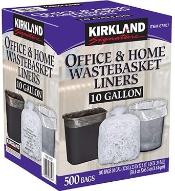 Kirkland Signature RutaVm 10 Gallon Clear Plastic Trash Bags, 23 x 25 Inches, 0.34 Mil, 125/Roll, 4 Rolls/Case 500 Bags Total, bulk packaging