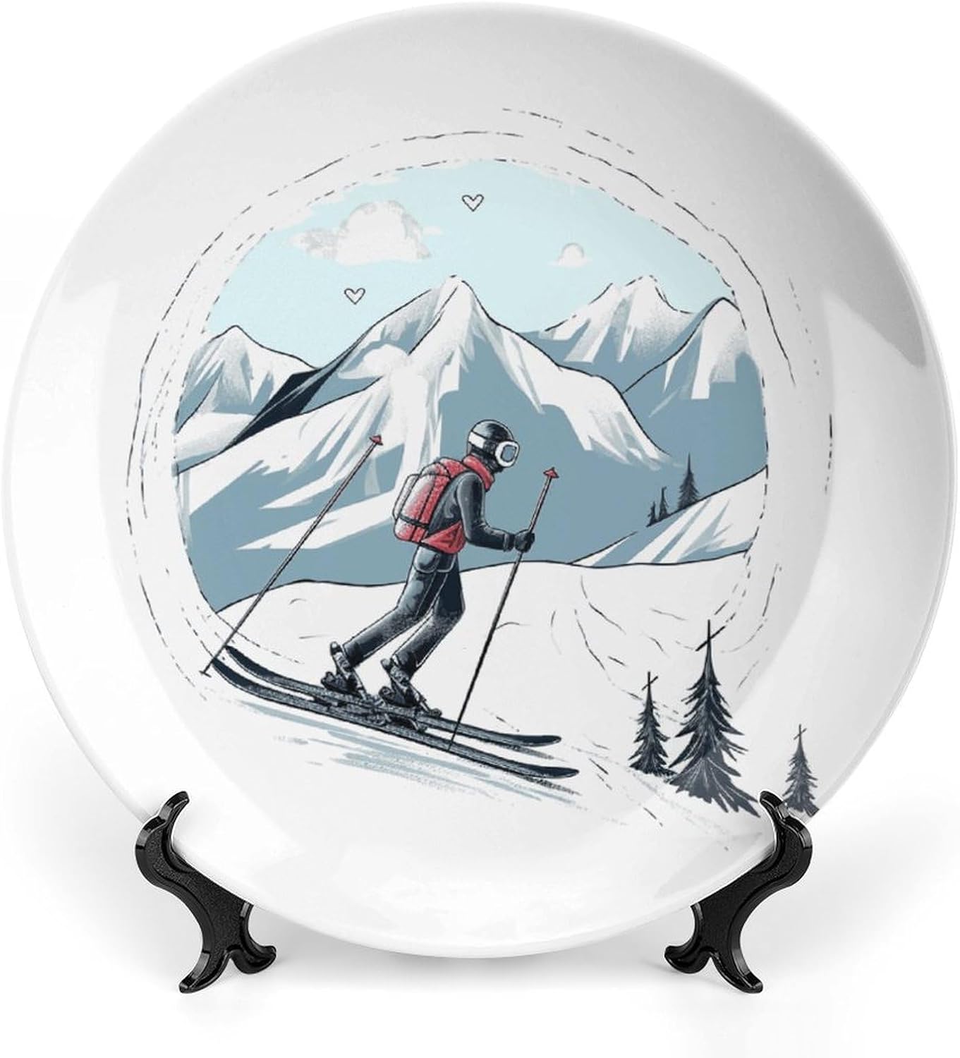 Skiing Theme Bone China Decorative Plate with Display Stand, Ceramic Ornaments Plate for Wall Hanging, Personalized Porcelain Plates for Office, Living Room 8inch