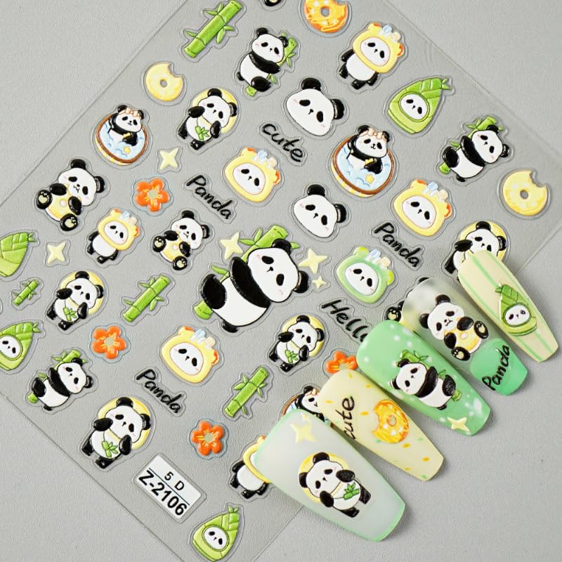 ‌2Sheets Cute 5D Sculpture Embossed Panda Nail Stickers Set Adorable Cartoon Panda Designs with Bamboo Stars and Donuts Dainty DIY Nail Art Decorations for Women
