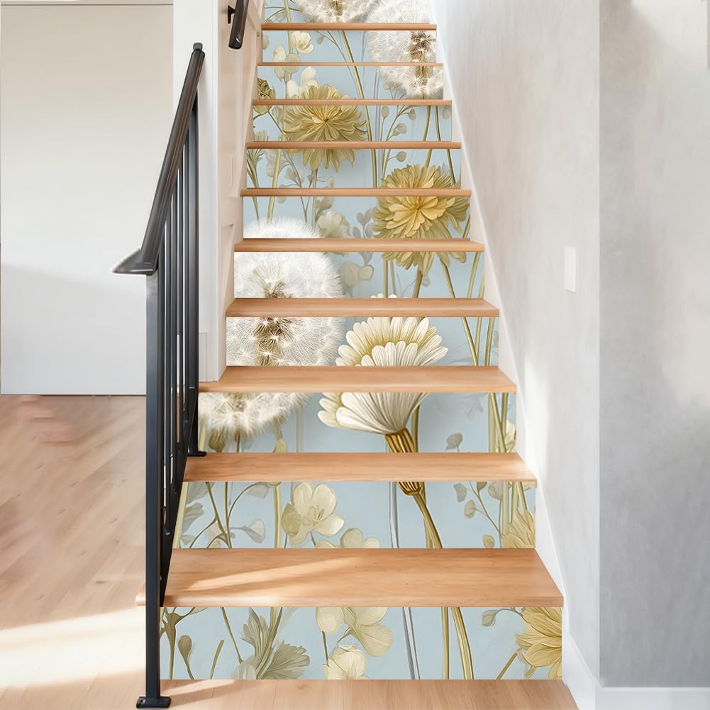 Hpbbspring 15Pcs Staircase Stickers Dandelion White Plants Tile Stickers Beauiful Self-Adhesive Water Proof Staircase Decor for Steps Parks Balcony Coffee 100 * 18cm/39.37 * 7.09In