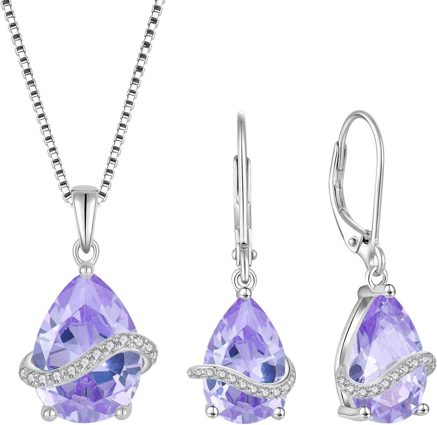 Teardrop Jewelry Set for Women 925 Sterling Silver Alexandrite Necklace Dangle Drop Leverback Earrings June Birthstone Jewelry for Women