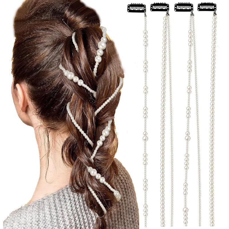 4 Pcs Premium Faux Pearls Hair Accessories Hand-made Imitation Pearl Hair Chains Hair Clip Wedding Artificial String of Pearls for Braids for Women,