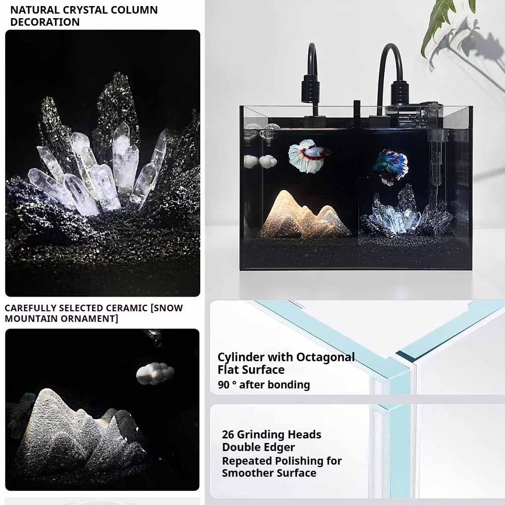Acquario Betta, Set Acquario in Vetro Trasparente per Principianti, Set Acquario con Spazio Indipendente, Elegante Piccolo Acquario per Scrivania da Ufficio,Filtro E Scena Artificiale,S