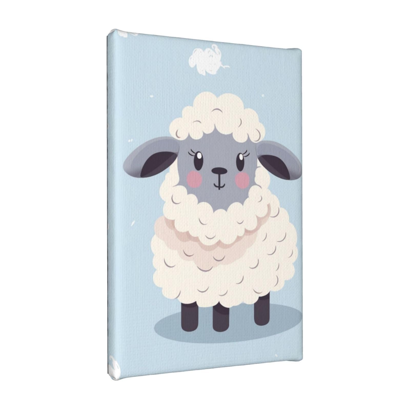 YKLJG Cute Cartoon Sheep Printed Wall Art Canvas Painting 20x30 CM Wooden Framed Picture Painting Artwork Prints for Bedroom Kitchen Home Office Decor
