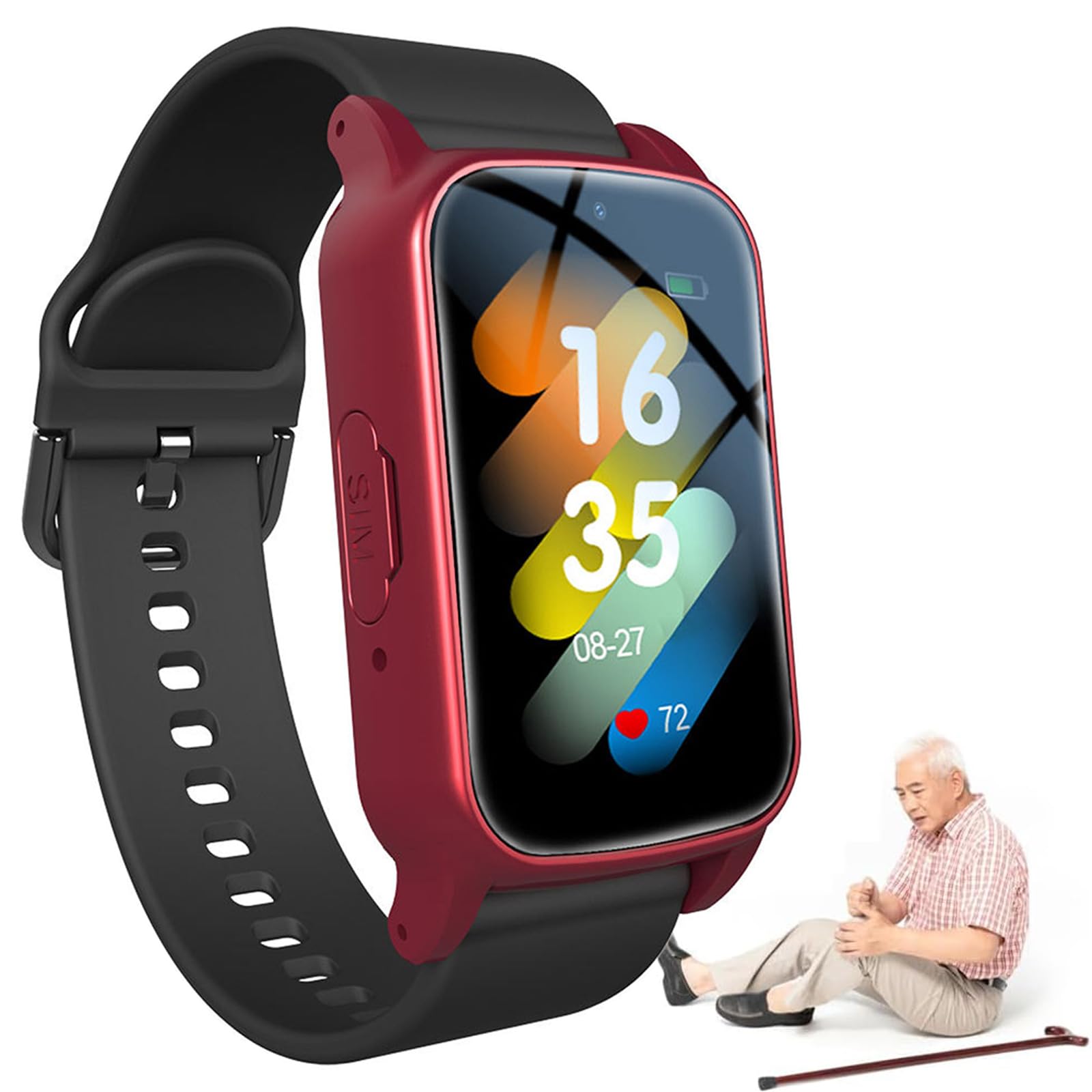 Orologio Intelligente con Rilevamento delle Cadute Bracciale SOS Anziani Salvavita Bracciale Smartwatch GPS Pulsante Allarme Anziani,Red