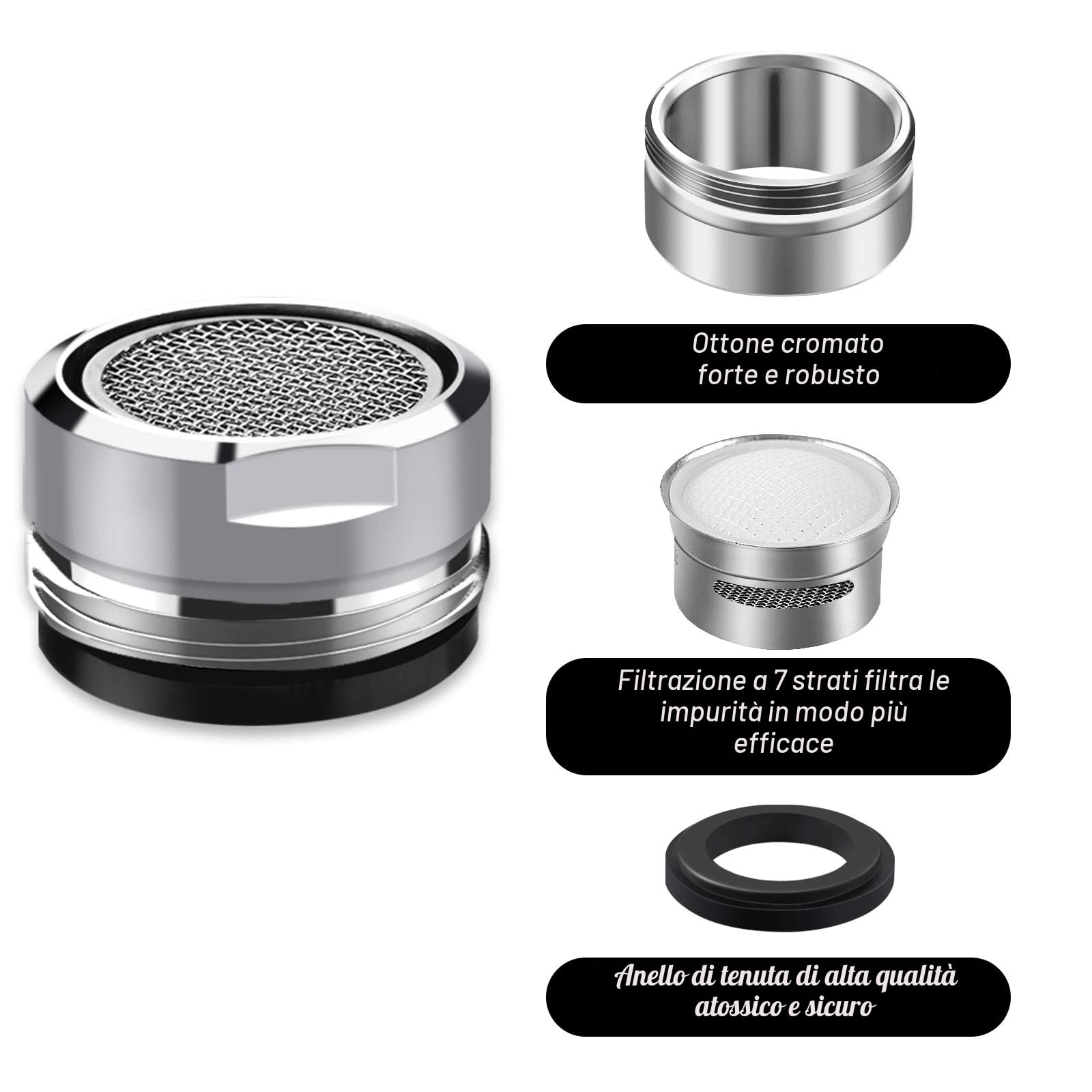 Rompigetto M24, 6 pz. Aeratore Rubinetto Filtri Rubinetti Lavandino per Cucina e Bagno, con Filtro in Acciaio Inox e ABS tra cui 8 Guarnizioni e 1 Chiave Cromata