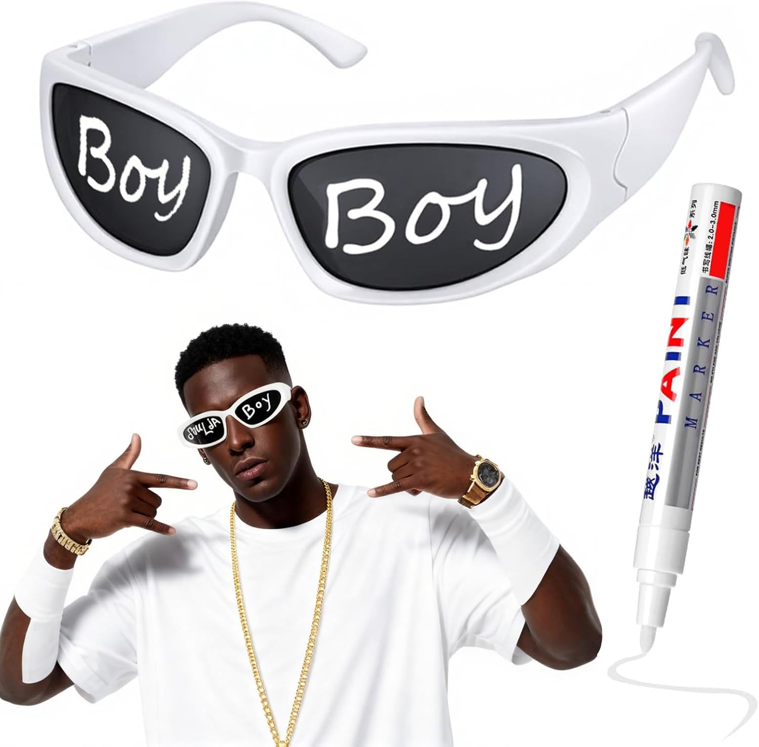 Rapper Glasses Costume Accessories, White Sunglasses Hip Hop Costume 2000s 90s 80s for Men Women Halloween