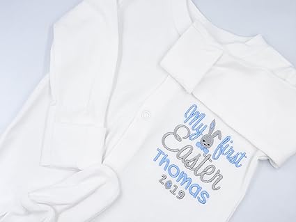 Just Toys Online Baby,Clothing,Baby Boys 0-24m,Bodysuits & One-Pieces,Bodysuits Personalised Embroidered Baby Boys Sleepsuit - My First Easter with Bunny in Bow TIE - Boys Novelty Unique Gift & Keepsake **Add Any Name** (3-6 Months)