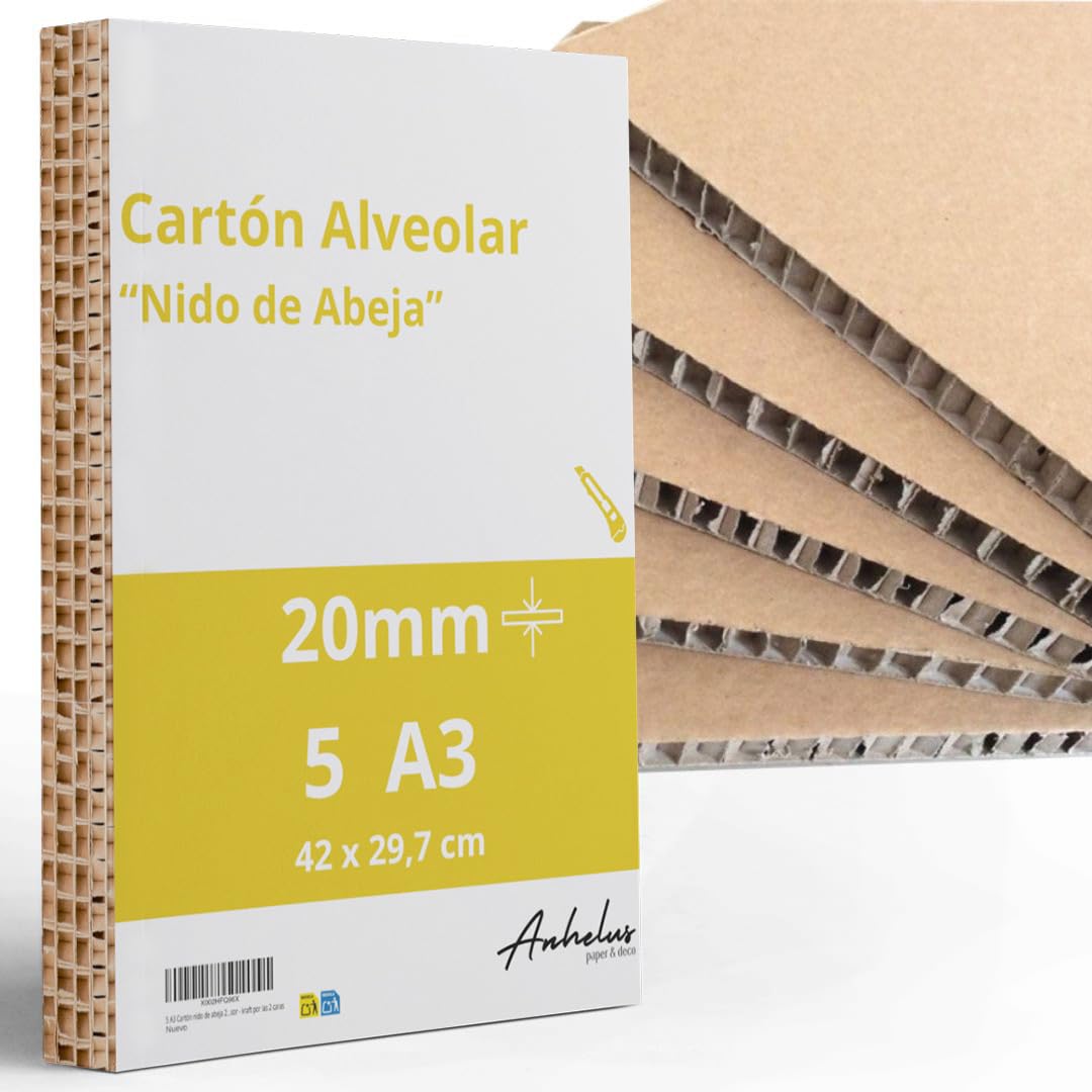 5 Planchas A3 Cartón nido de abeja Kraft 2cm grosor | Tamaño 42x29,7cm | Cartón panal alveolar ultraligero y rígido para maquetas, arquitectura, modelismo, displays, expositores y manualidades.
