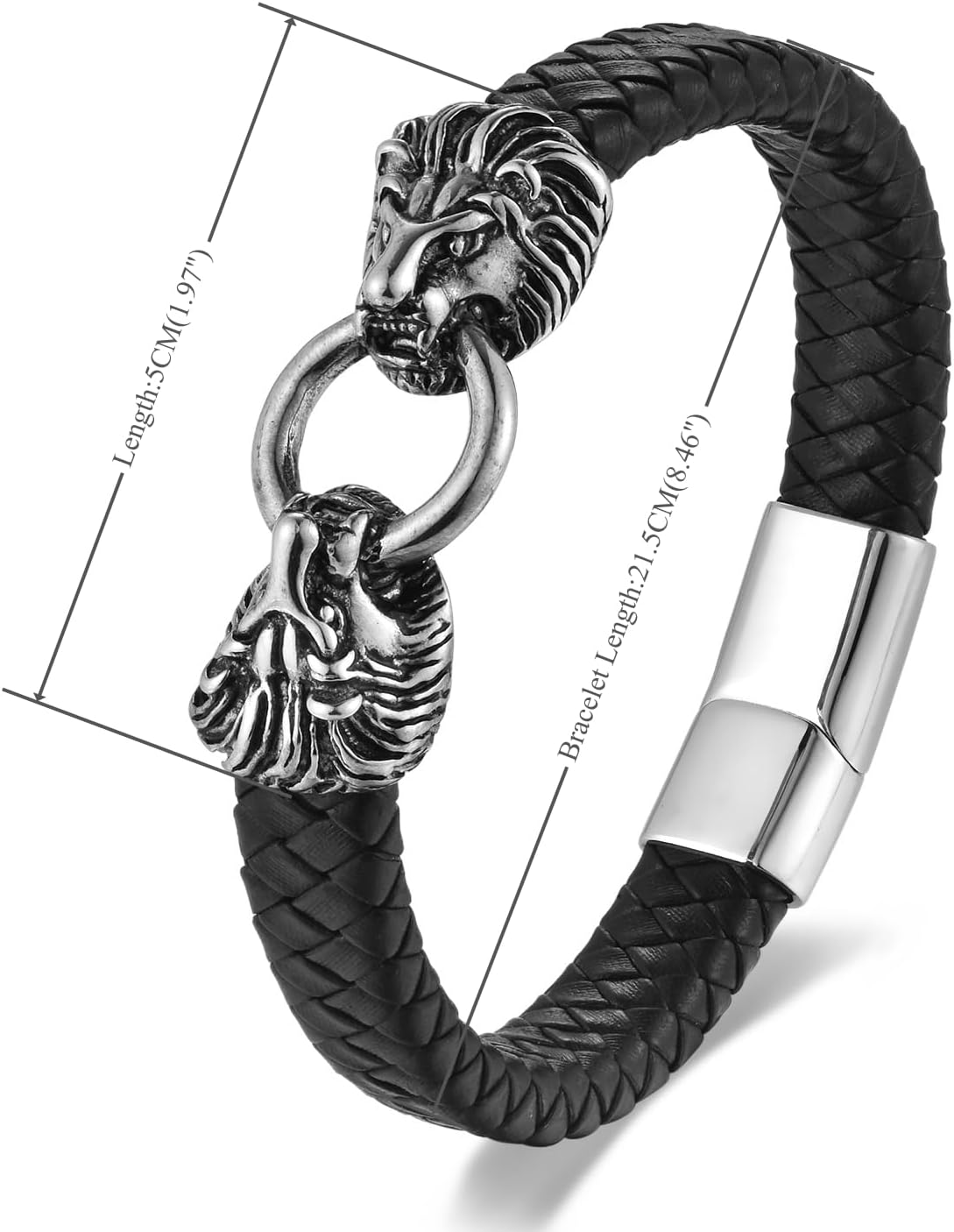 Mens Stainless Steel Vintage Dragon Head/Skull Charm Black Braided Leather Bangle Bracelet, Biker Punk Rock, Spring Ring Hook Clasp - Image 3