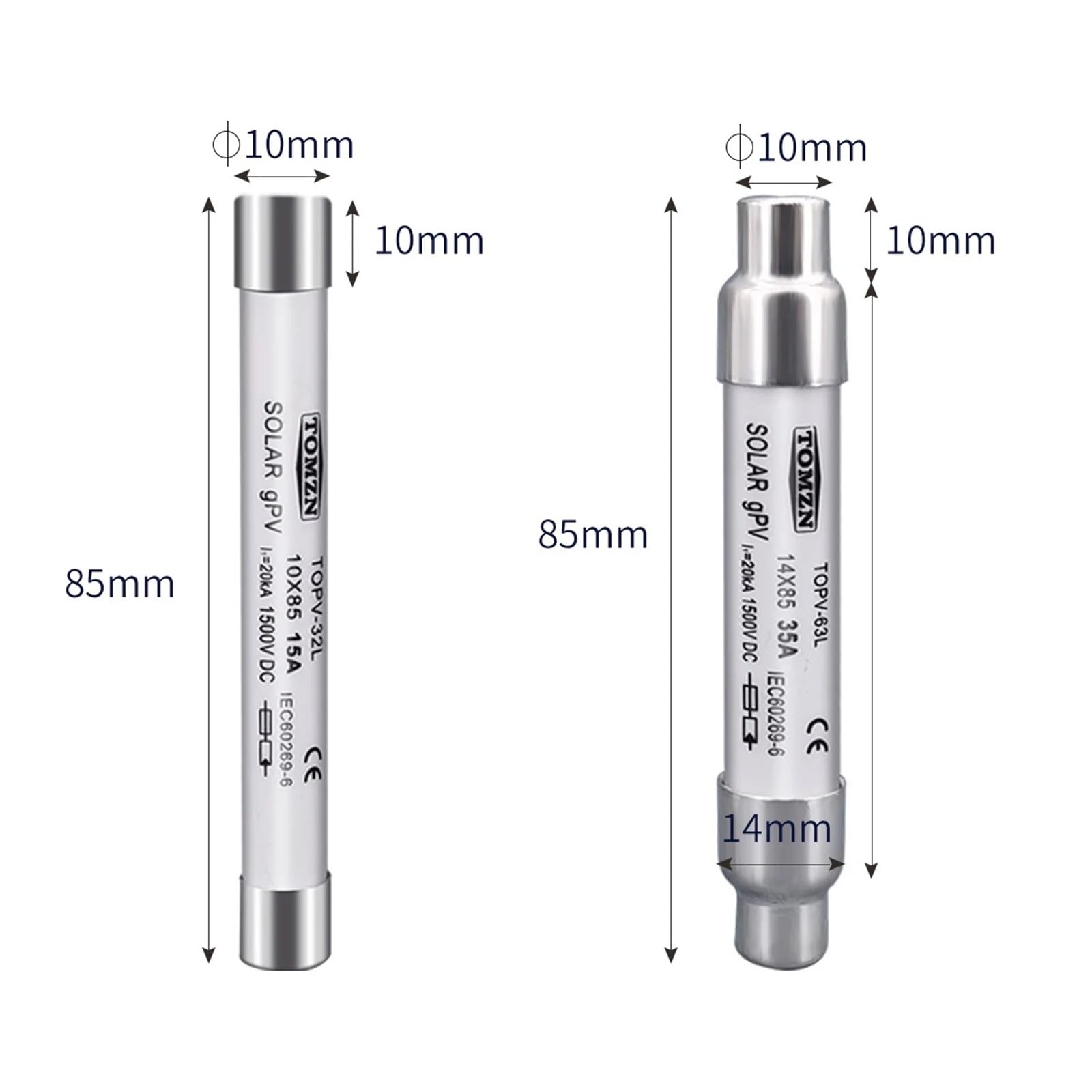 Bezpiecznik fotowoltaiczny 1500 V DC Wysokie napięcie 2A 3A 4A 10 A 15 A 20 A 25A 30A 35A 40A 50A 1 szt. (10 x 85 mm 20A, 1500 V 10 x 85 mm M)