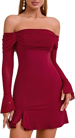 HTZMO Women Long Sleeve Sexy Off Shoulder Bodycon Mini Dress Ruched Side Slit Homecoming Going Out Party Short Dresses