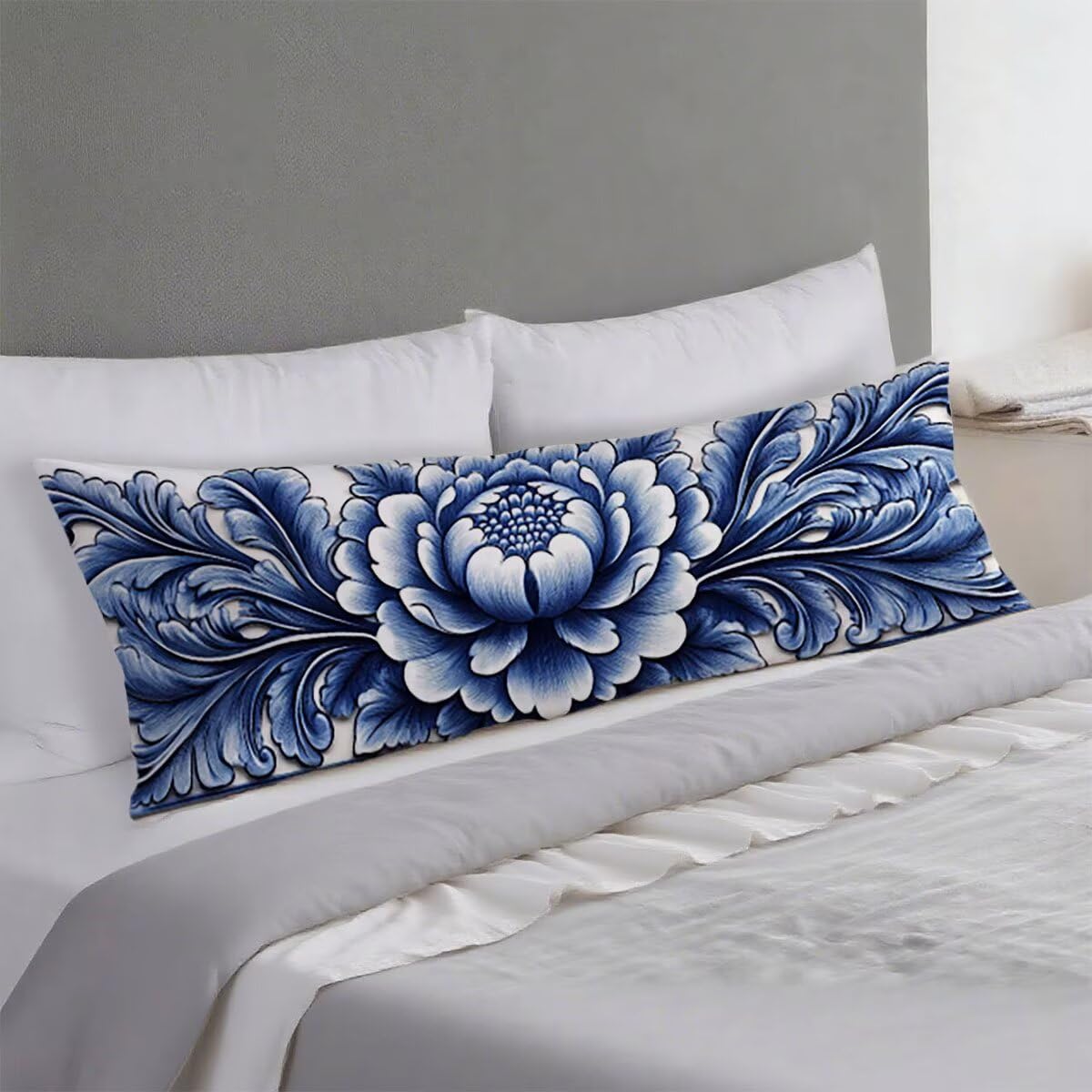 Seitenschläferkissen Bezug Blau Kissenbezug 60 x 180 Schwangerschaftskissen Blume, Leinen Atmungsaktiv und Weich Body Pillow, für Deko Wohnzimmer Sofa Kopfkissenbezug, Geschenke für Fraue T-10527
