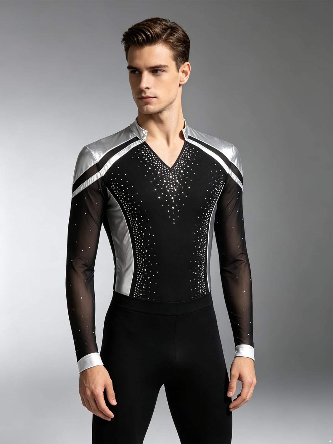 FEESHOW Men Latin Dance Leotard Tops Figure Skating Bodysuit | Metallic Shiny, Rhinestone, V Neck, Long Sleeve, Figure Skating Costume, for Competition, Performance