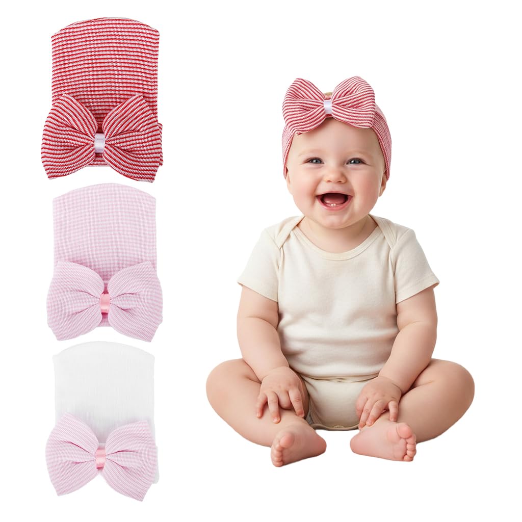 snowie soft 3pcs Newborn Infant Hat for 0-3 Month Ultra Soft Cotton Infant Hats 3-Color Stripped Bow Knot Turban Hat Tie-up Bow Beanie Caps Baby Shower Gift-picture-41