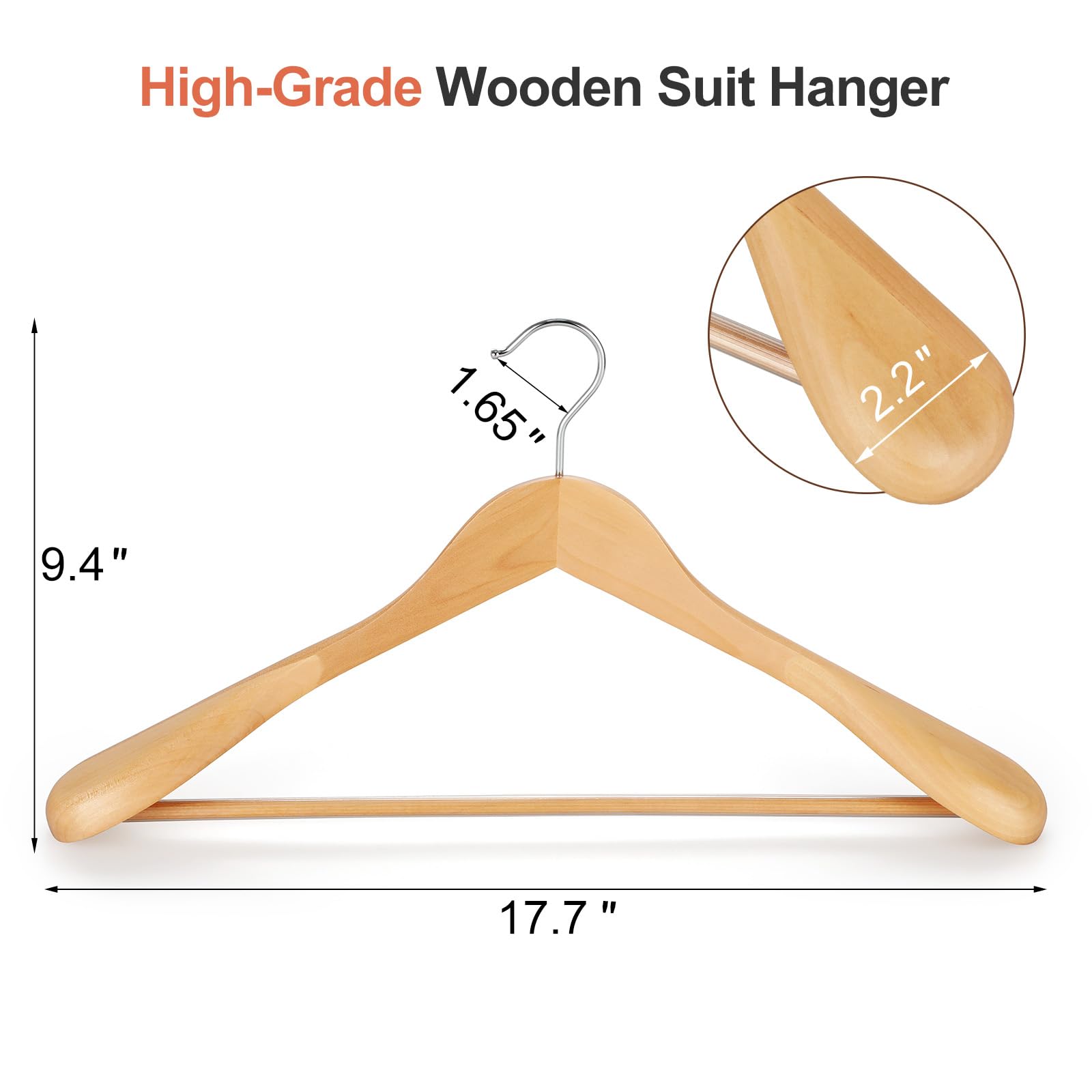 TOPIA HANGER Kleiderbügel aus Holz, breite Schulterbügel, Anzugbügel mit rutschfester Hosenstange und 360° drehbarem Haken, massives Holz, robuster Kleiderbügel, 6 Stück (Natur) - CT02NA
