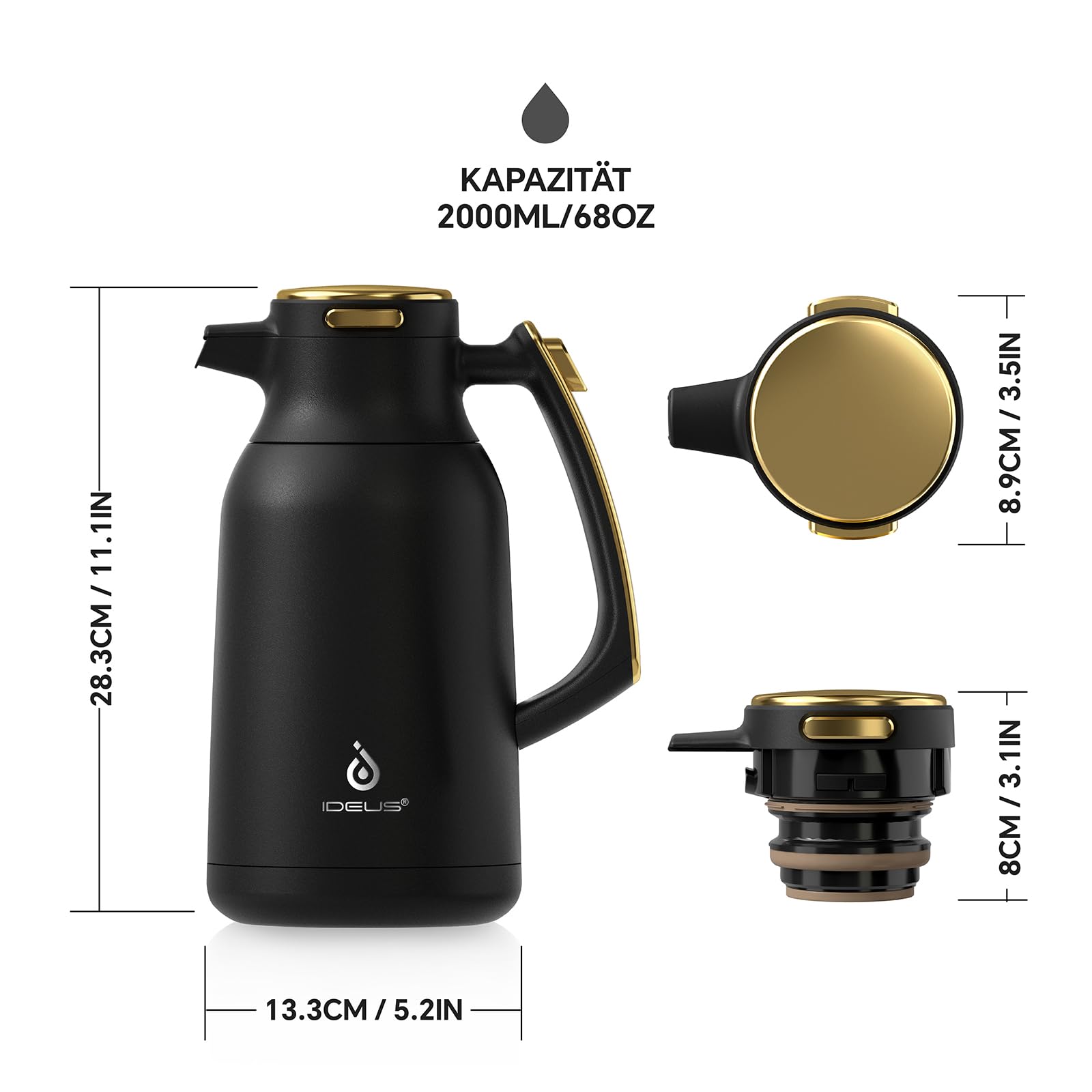 IDEUS® Termo de 2 l, acero inoxidable de doble pared, aislamiento al vacío, tetera caliente para café, sin BPA (negro y dorado)