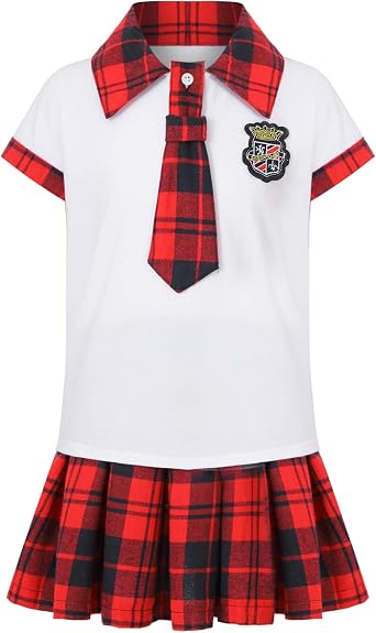 easyforever Youth Girls College Style JK School Uniform Dress Suit Short Sleeve Collared Shirt with Plaid Skirt Tie