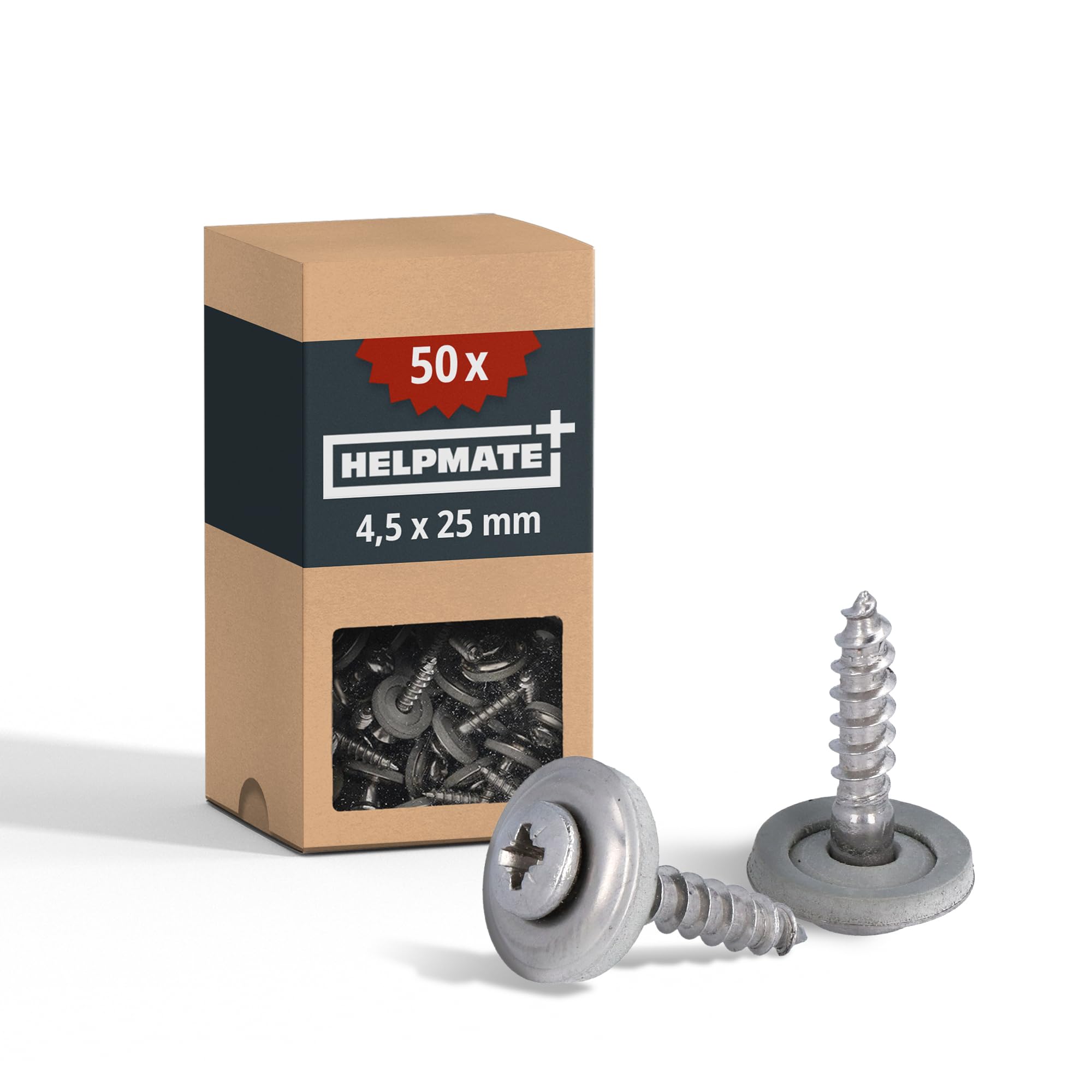 HELPMATE – Wkręty do blachy 4,5 x 25 mm – stal nierdzewna A2 – 50 sztuk | DIN 7995 – zabezpieczone przed korozją – napęd PZ2 – wkręty dachowe z łbem stożkowym, podkładką, uszczelką EPDM – srebrny