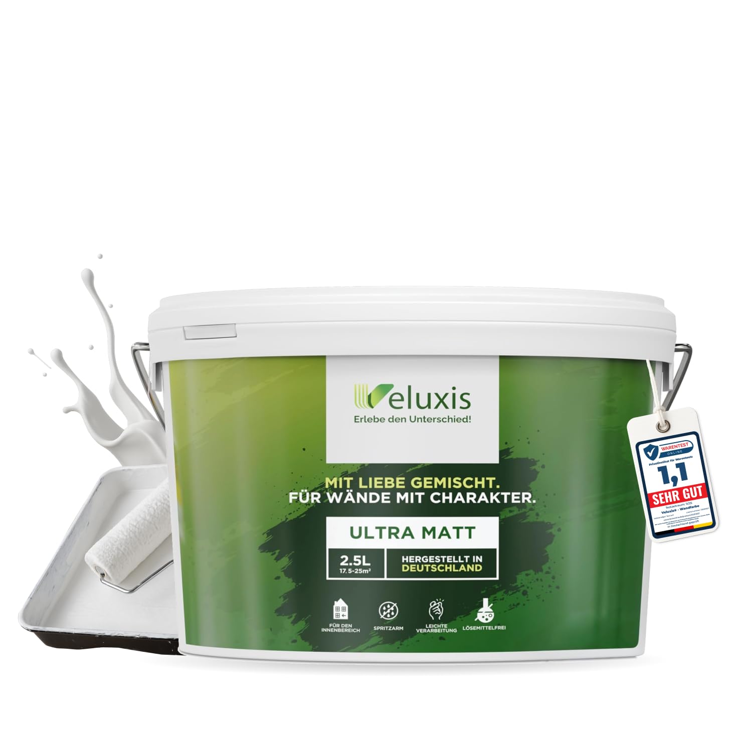 Veluxis Wandfarbe Weiß Matt Innenfarbe – Deckkraft Klasse 1, VOC-frei, Ohne Grundierung, Tropfarm – Wohnzimmer & Schlafzimmer – 2,5L (Pure White)