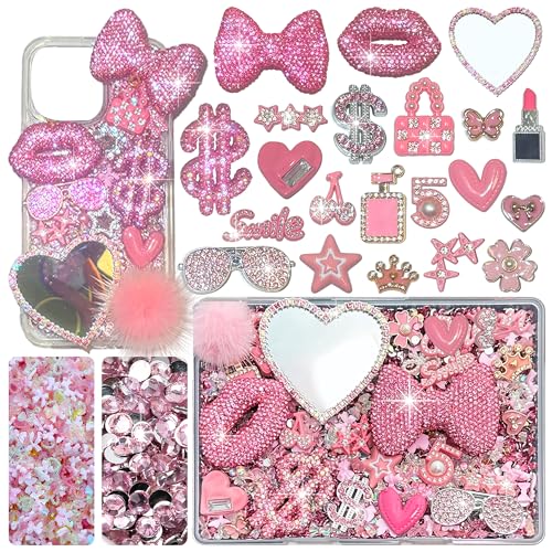 Gehaiwo Pink Junk Case Charms Kit Junks Phone Cases with Rhinestone Accessories and Full Diamond Bow Lips Dollar Sign Pom Resin Kits Mirror with DIY Phones Decorations