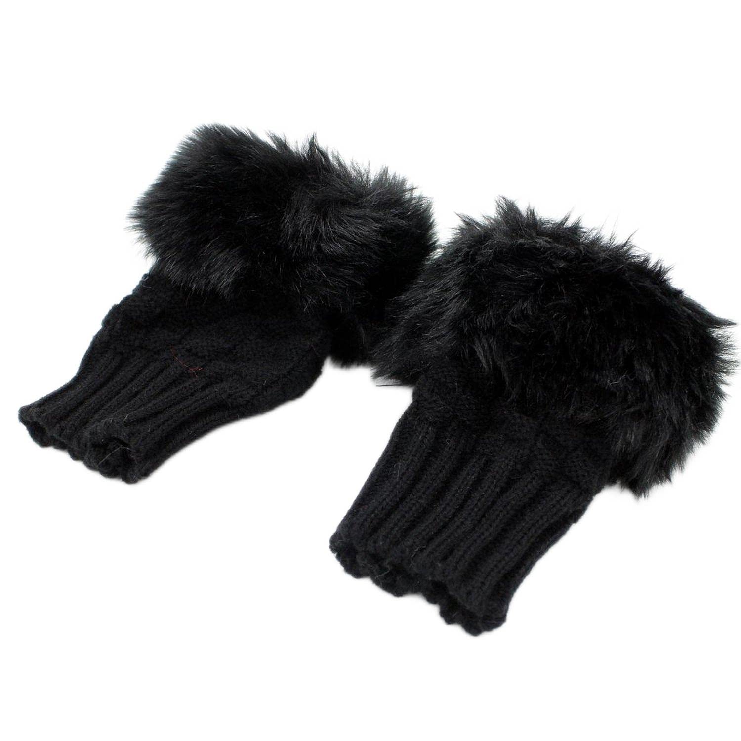 Broadfashion Fashion Women's Faux Fur Hand Wrist Warmer Winter Fingerless Gloves (Black)