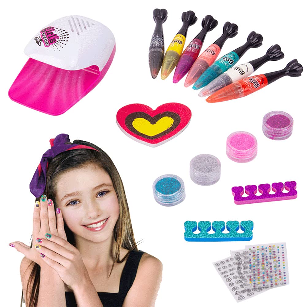 DIDI toys Nail Polish and Nail Stickers,Nail Dryer Nail Art Decorations,Pretend Play Beauty Fashion Toys Children's Makeup Toys Manicure Washable Peelable Nail Polish Little Girl Set Gifts
