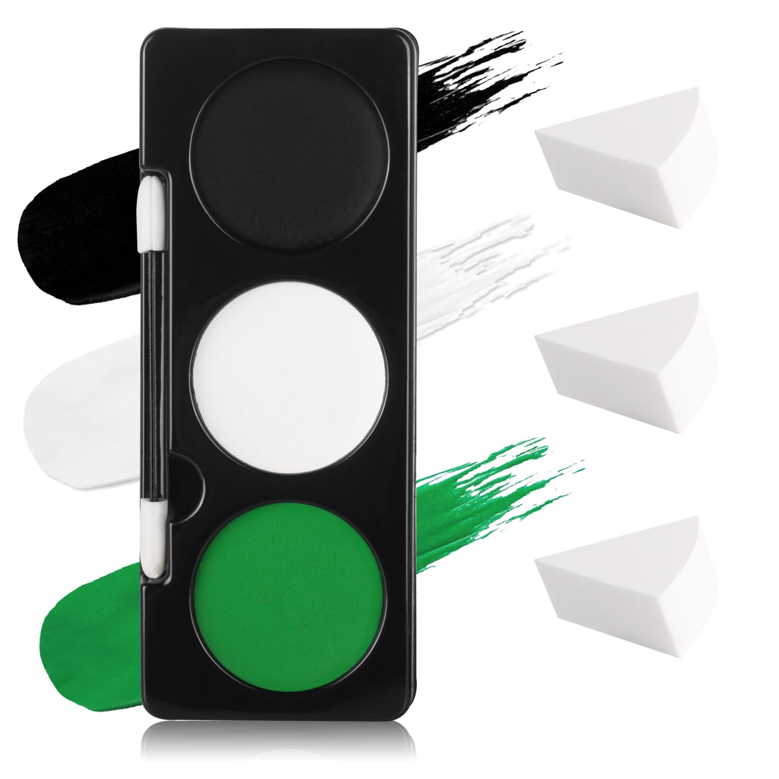 Green Witch Makeup Kit,Black White Green Face Paint + 3PC Sponge + Brush,Zombie Hulk Hunting 3 Colors Body Paint Palette,Safe Halloween Elphaba Costume Frankenstein Cosplay Set for Kids,21g black white green face paint kit