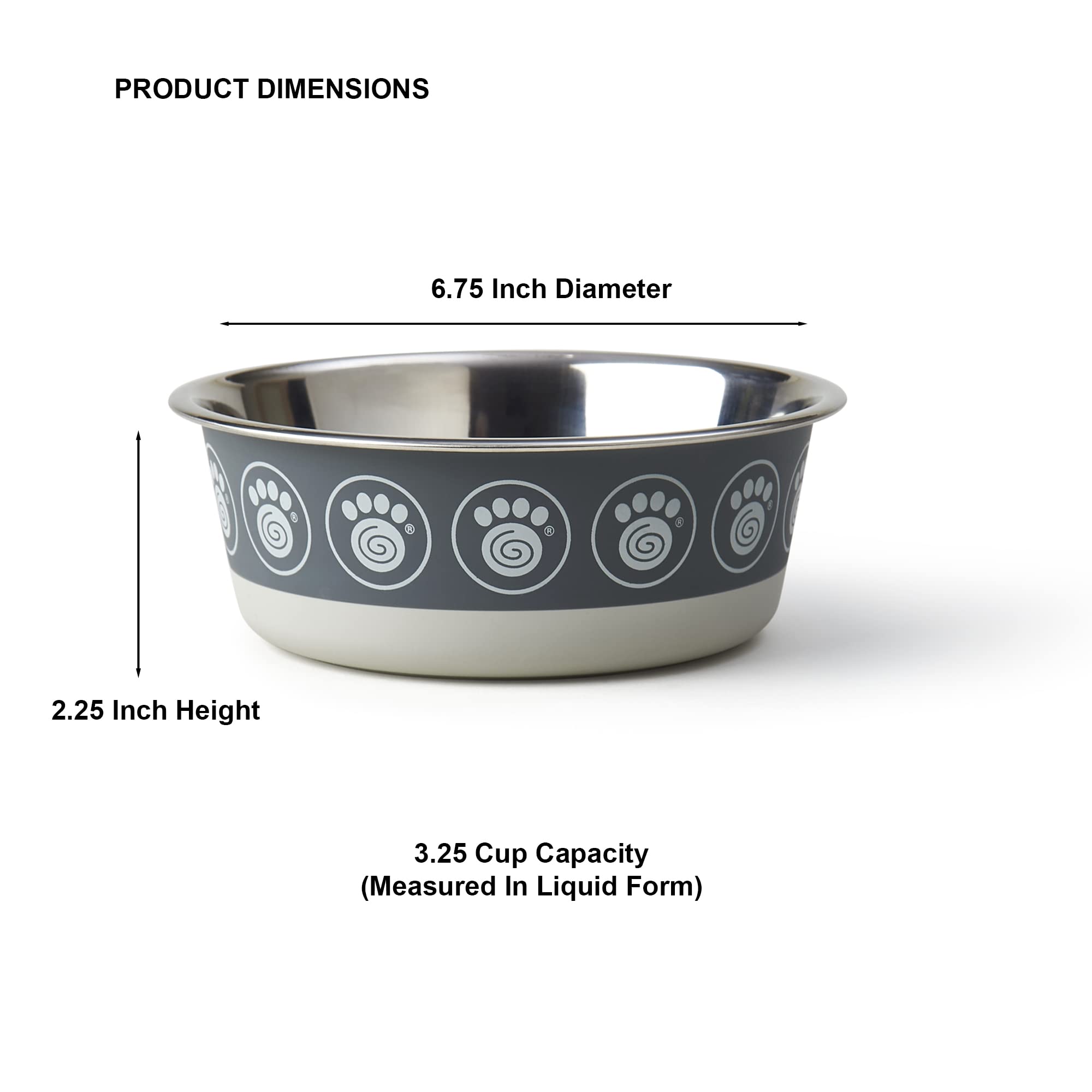 PetRageous 17023 Samara Stainless-Steel Non-Slip Dishwasher-Safe Dog Bowl Gray 3.25-Cup 6.75-Inch Diameter 2.25-Inch Tall for Small and Medium Dogs or Cats, Grey