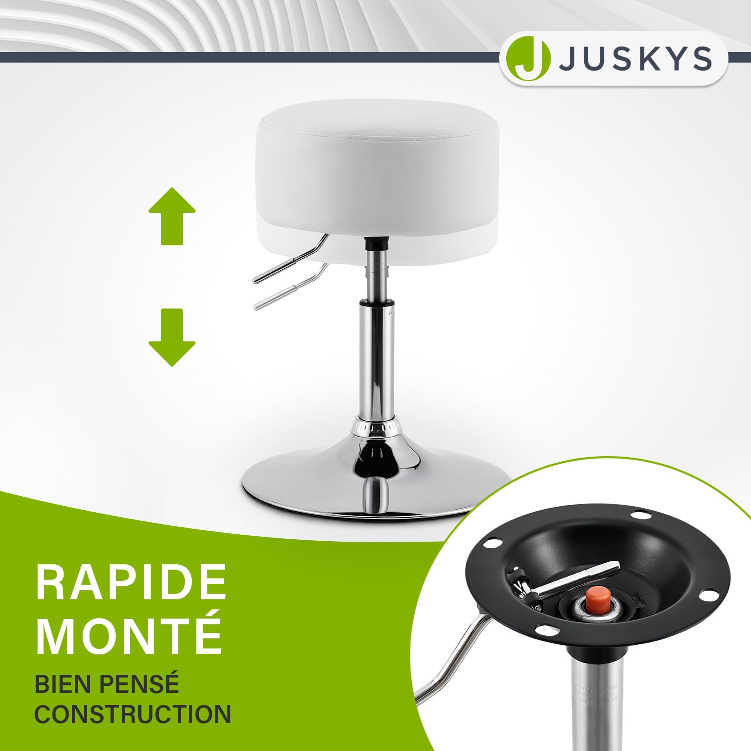 Juskys Tabouret de Coiffeuse Tonia, réglable en Hauteur de 49 à 64 cm, Ergonomique, Rond de 33 cm, Tabouret rembourré avec revêtement en Simili Cuir Blanc