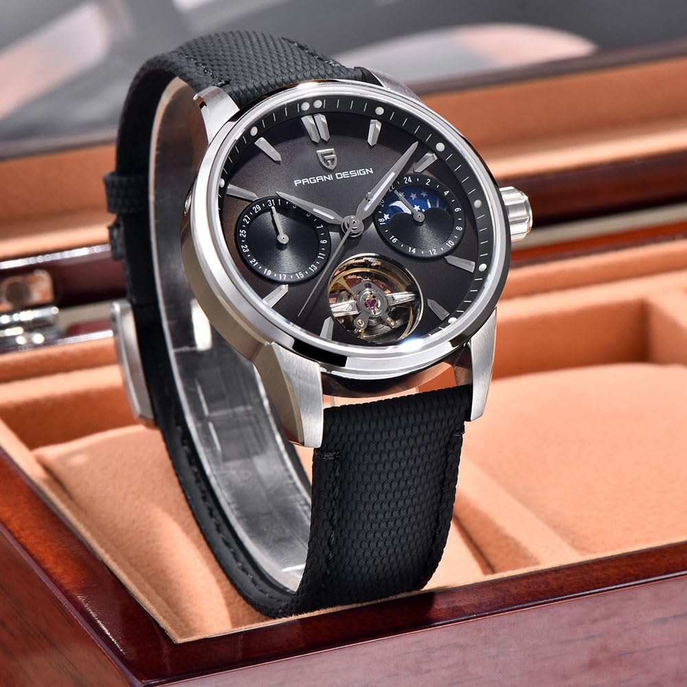 Pagani Design - Reloj automático de lujo para hombre, diseño de esqueleto Tourbillon, fase lunar, acero inoxidable, 100 m, correa de cuero, reloj mecánico para hombre