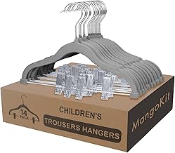 MangoKit - Pack of 14 Hangers for Trousers with Movable Clips, Children's Clothes, with Swivel Hook, Non-Slip, Space Saving and Ideal for Skirts, Trousers and Jackets (30 cm, Grey)