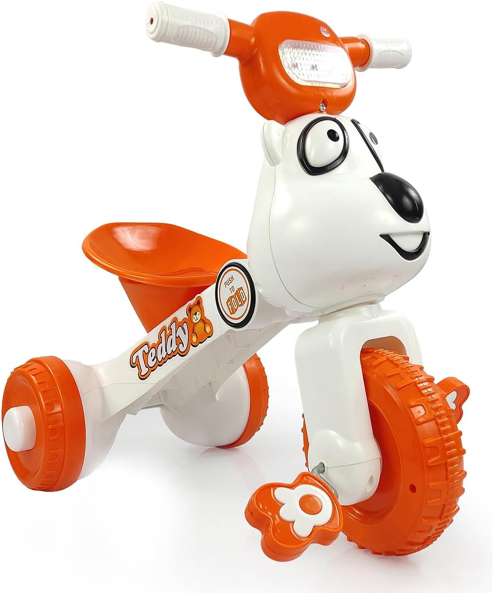 Dash Teddy Foldable Tricycle for Kids with Light & Music, Baby Cycle Ride-On Trike for Toddlers, Safe Three Wheel Pedal Bike for Boys & Girls (Orange, 20 Kg Capacity)