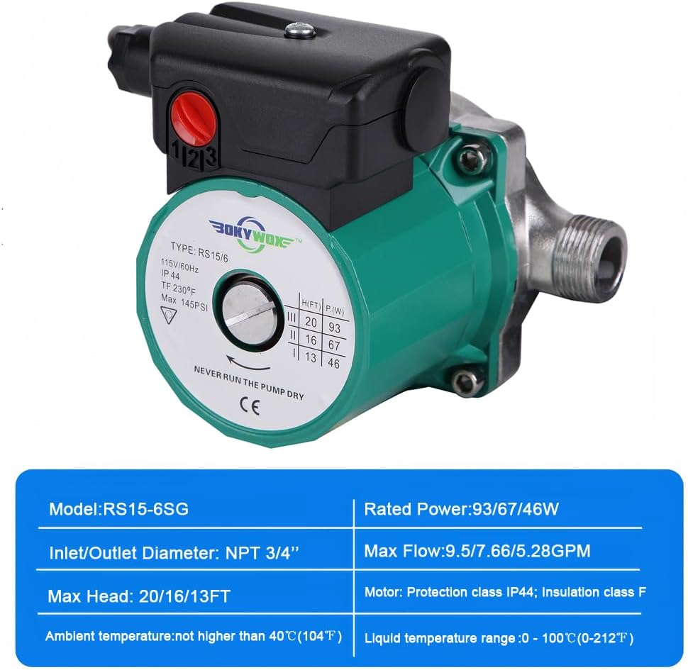 110-120V 3-Speed Food Grade Domestic Hot Water Circulation Pump NPT 3/4'' Recirculating Pump Stainless Steel 304 Circulating Pump(RS15-6SG)