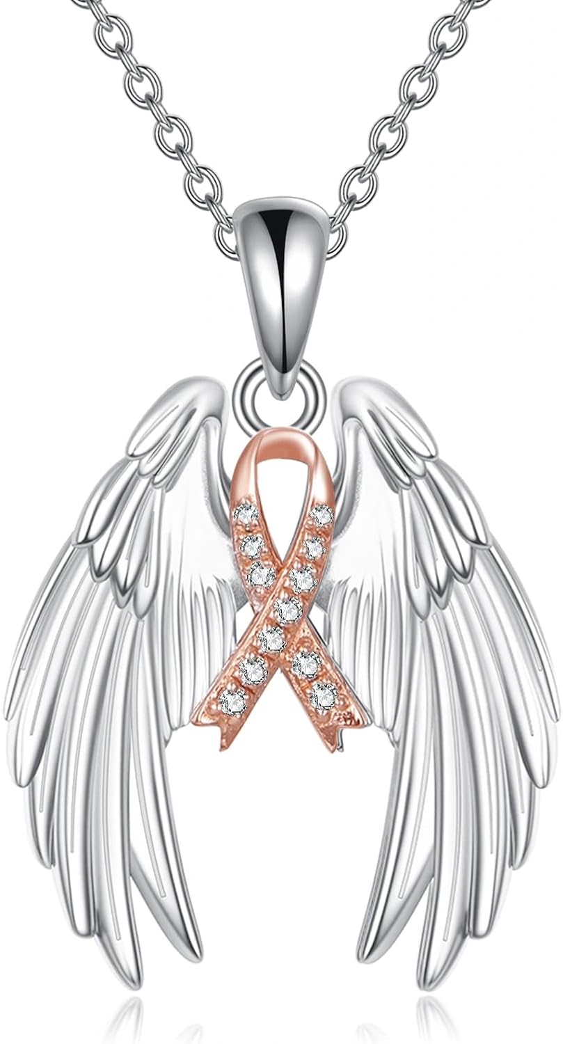 Diamond Breast Cancer Awareness Survivor Necklace 925 Sterling Silver Angel Wings Breast Cancer Survivor Pink Ribbon Pendant Necklace Jewelry Gifts for Women Post Surgery Survivor Chemo,18+2 inch